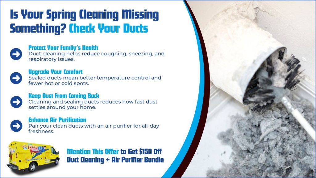 This is an image of a duct being cleaned of lint. The headline reads. Is your spring cleaning missing something check your ducks.