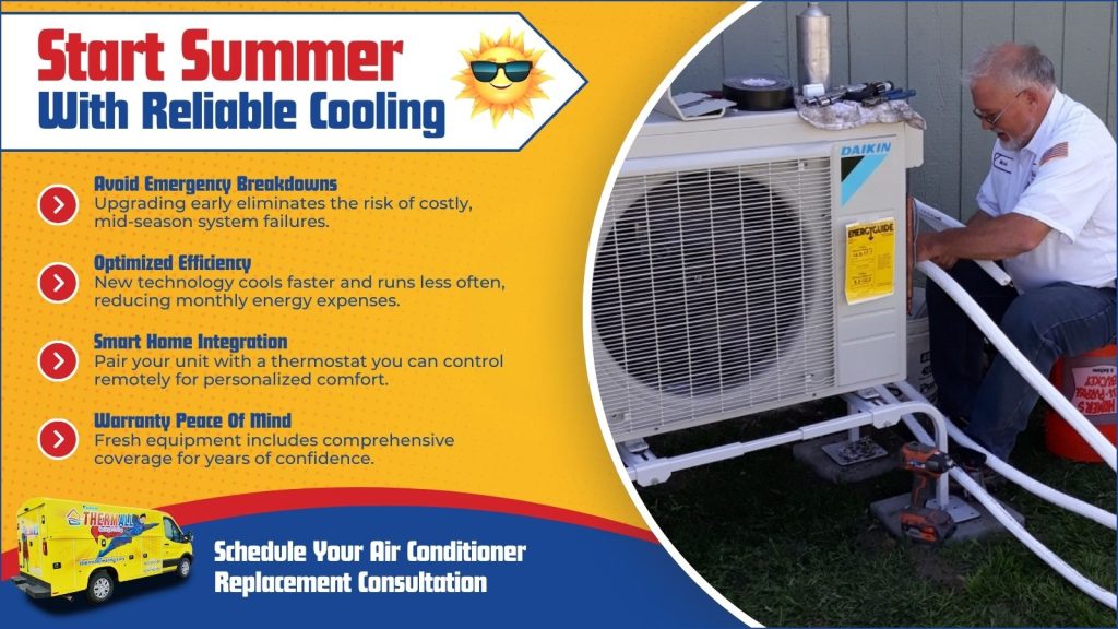 This is an image of a thermal HVAC unit being installed. The headline reads start summer with reliable cooling.