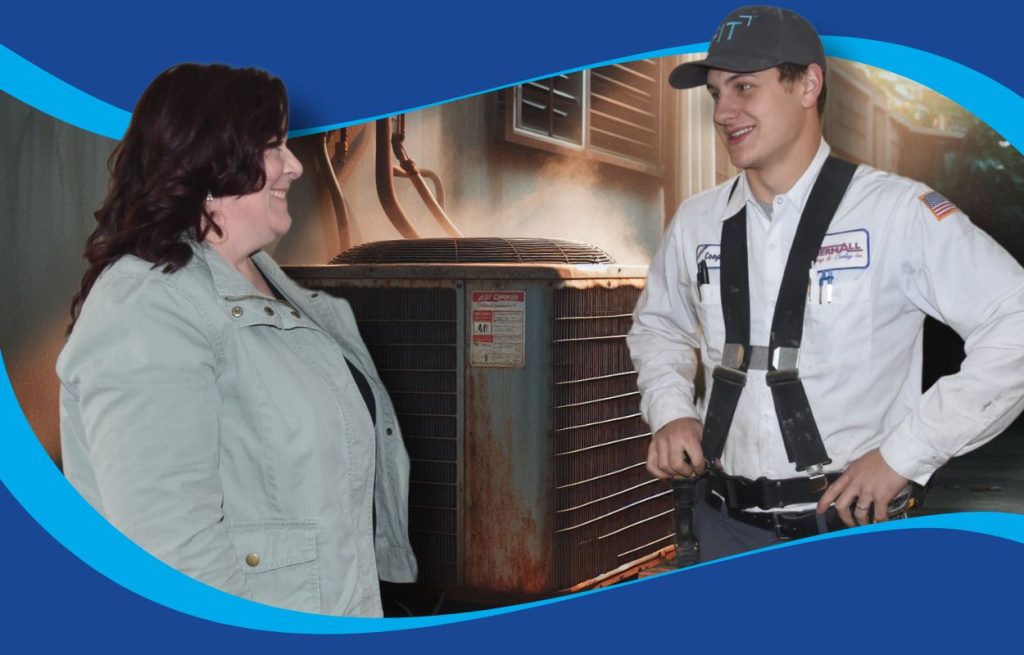 This is an image of a Thermal HVAC tech talking to the homeowner.