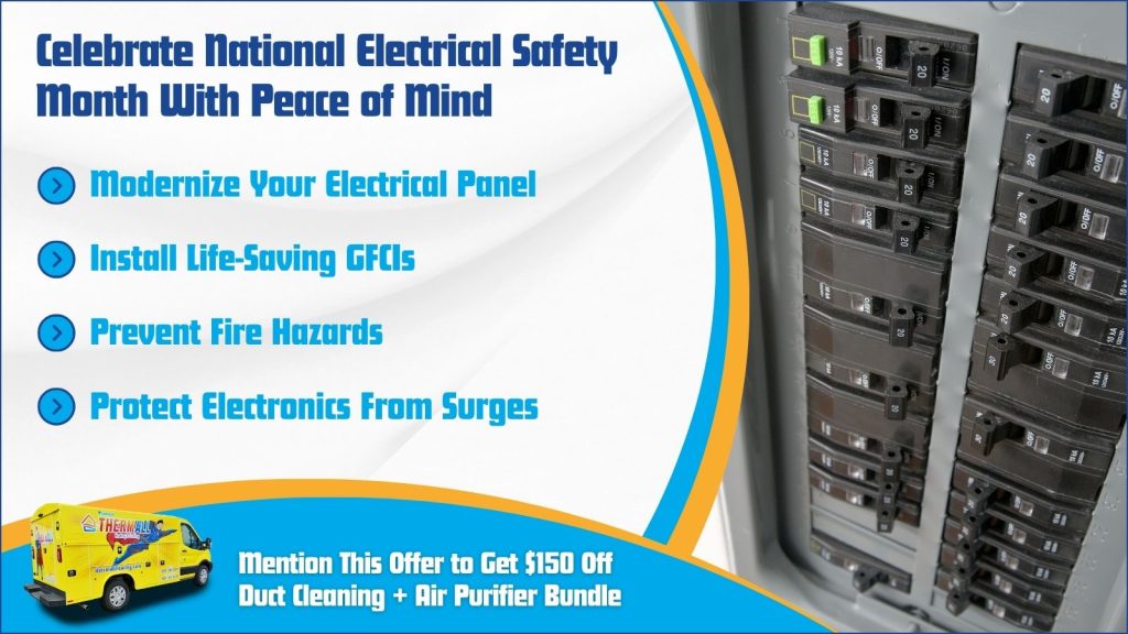 Send an image of a new breaker box. The headline reads celebrate national electrical safety month with peace of mind.