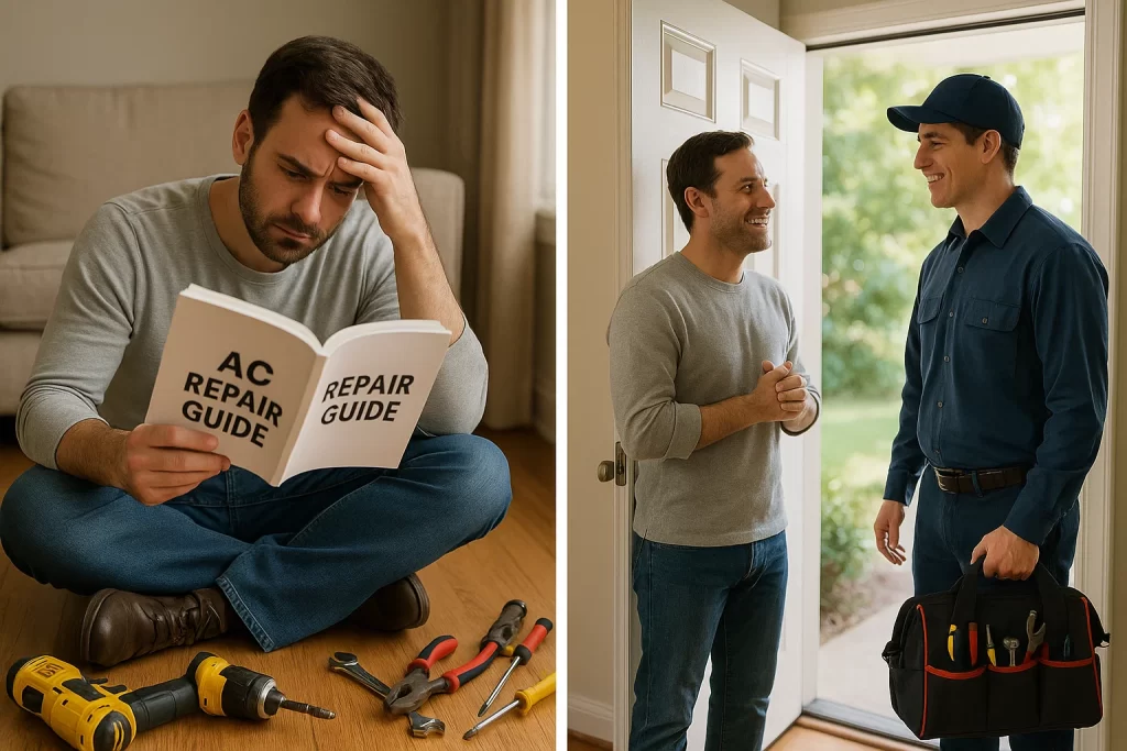 Split scene showing DIY struggle vs professional AC service solution