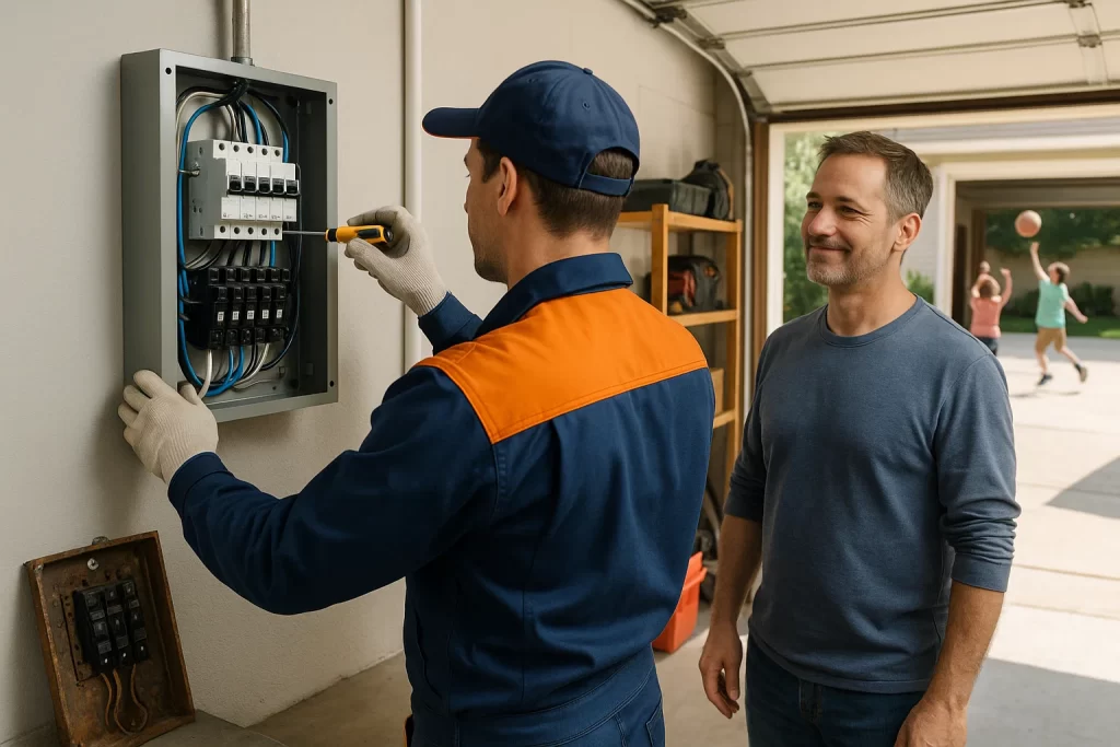 An electrician replacing the electrical panel in the garage as the homeowner looks on satisfied.