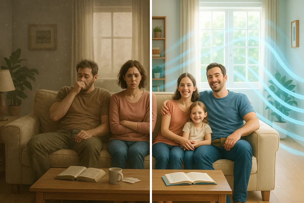 “Side-by-side before-and-after: dusty room with airborne particles vs. clean, purified indoor air with happy family.