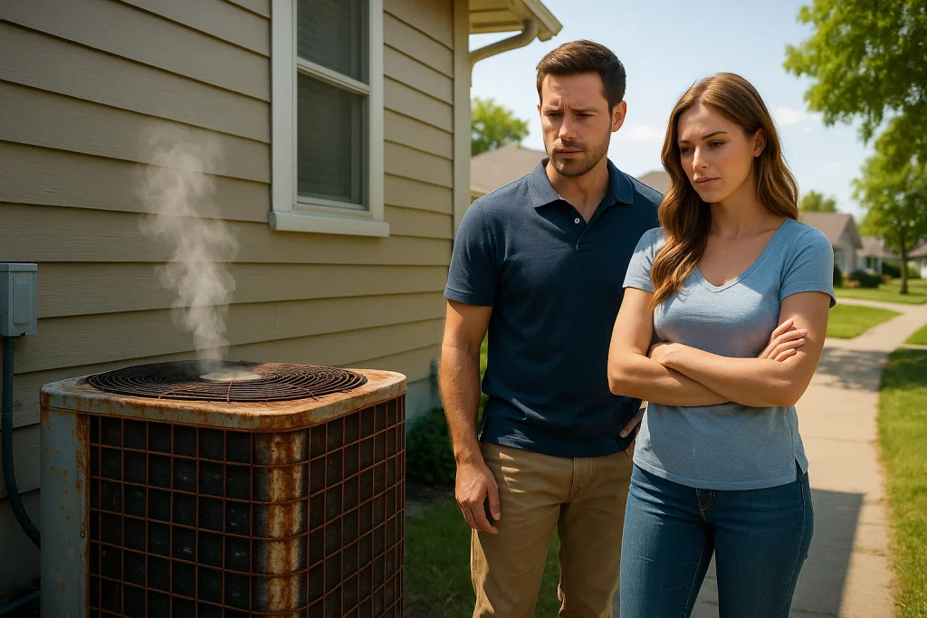 The husband and wife standing on the side of their residential home, looking at an old rusty AC unit that needs to be replaced.