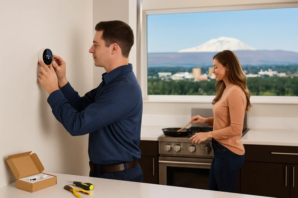 Technician installs smart thermostat for energy savings with ThermAll branding