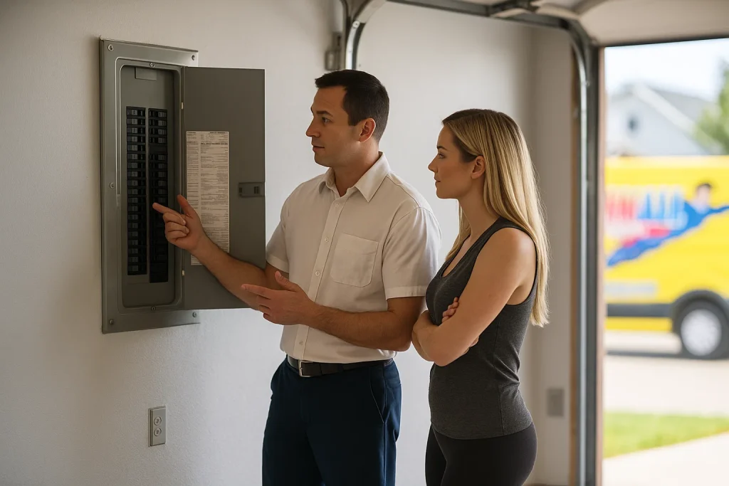Electrician inspecting electrical panel with Yakima homeowner before winter