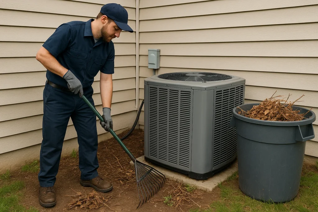 Technician removing leaves and debris from outdoor AC condenser during end-of-summer service