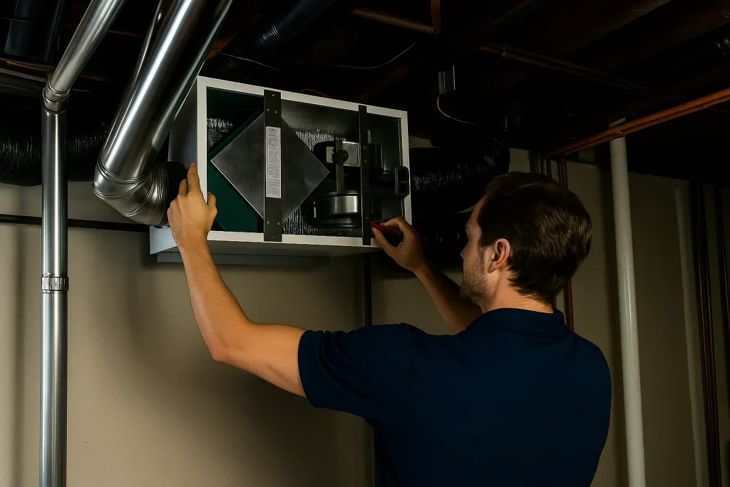 An HVAC tech installing a Energy-recovery ventilator (ERV) in a residential basement.