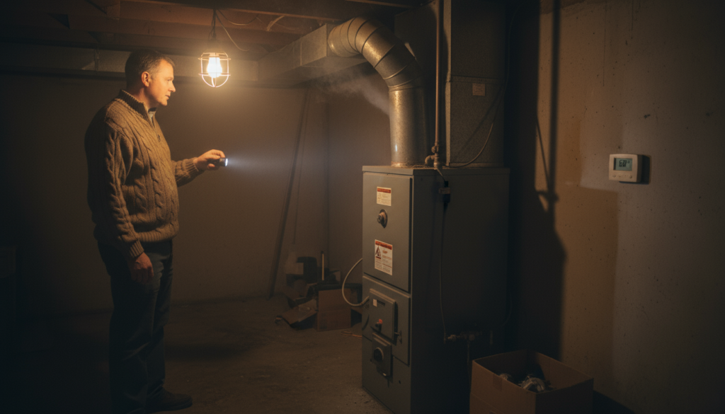 Yakima homeowner watching furnace during first seasonal startup as dust burns off, creating a faint smell and mild smoke.