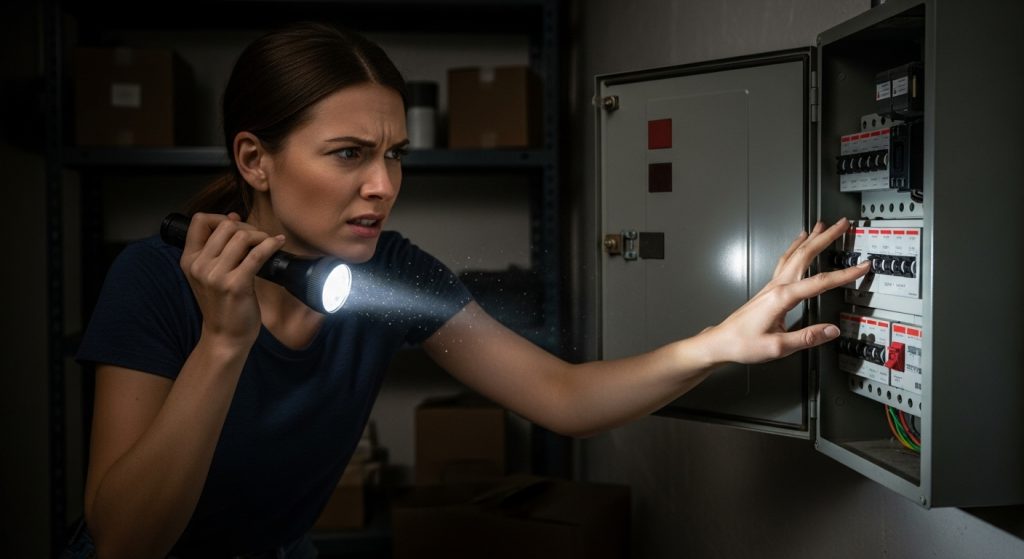 A frustrated woman  in the dark at her breaker box, trying to turn her lights back on