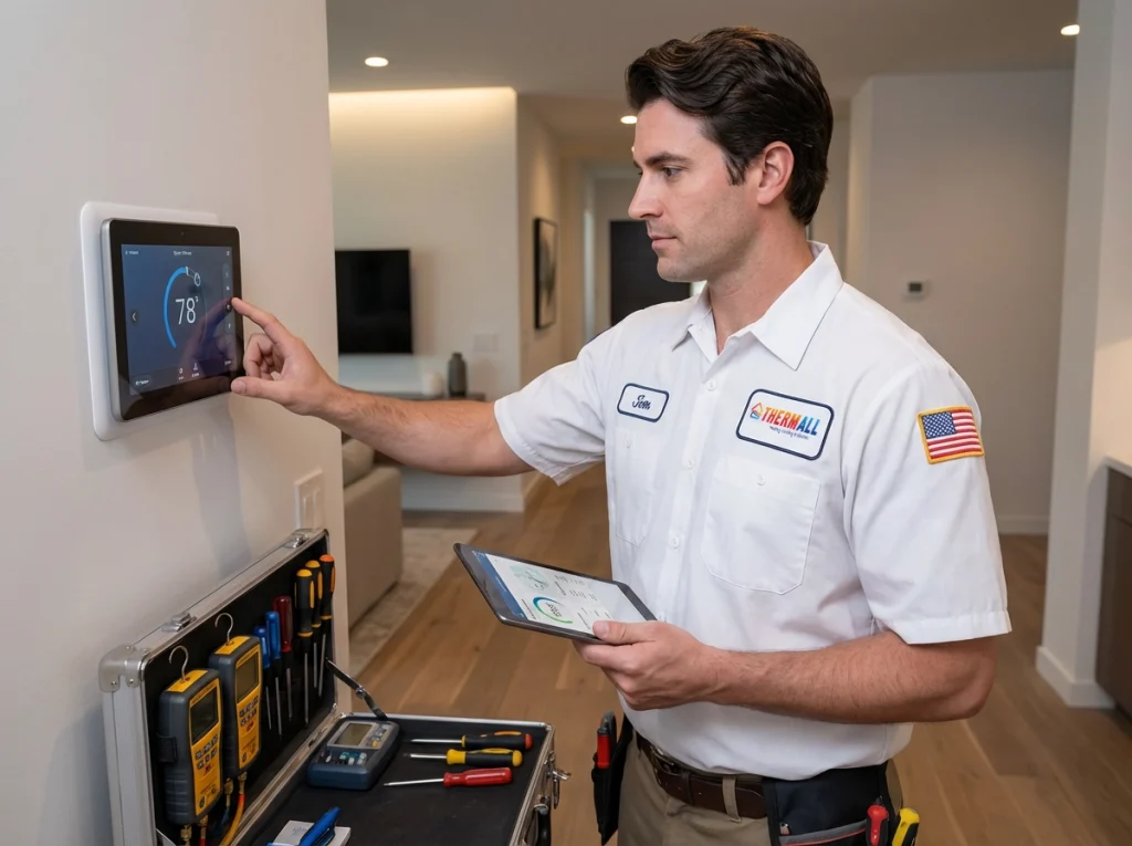HVAC technician setting smart thermostat during modern heating installation