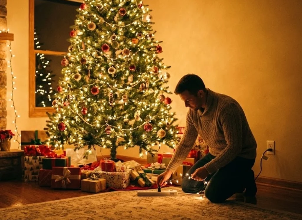 Man using a surge-protected power strip to safely plug in holiday lights near a Christmas tree, with a visible safety checklist on the table.