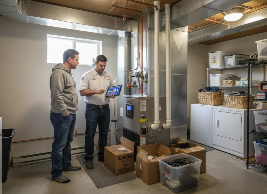 Homeowner and HVAC technician discussing energy‑saving features of modern furnace in utility room