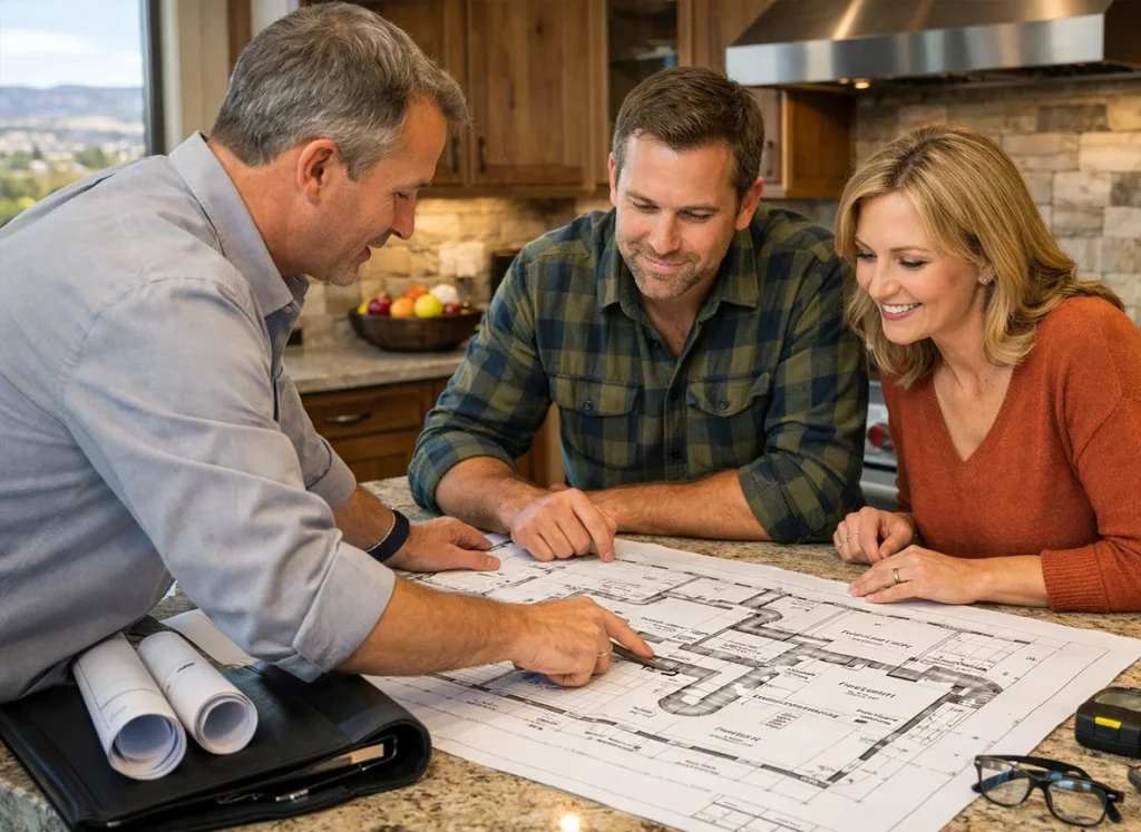 HVAC engineer reviewing ductwork plans for a new house using blueprints with homeowners.
