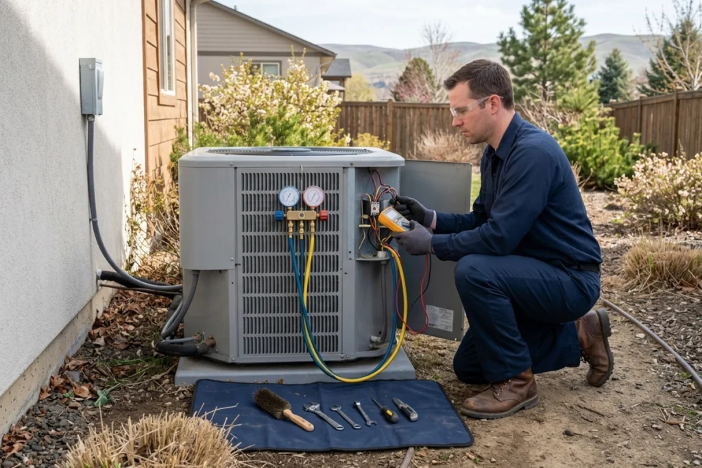 HVAC technician performing spring AC readiness inspection