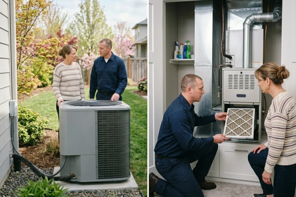 Homeowner reviewing spring AC readiness with HVAC technician