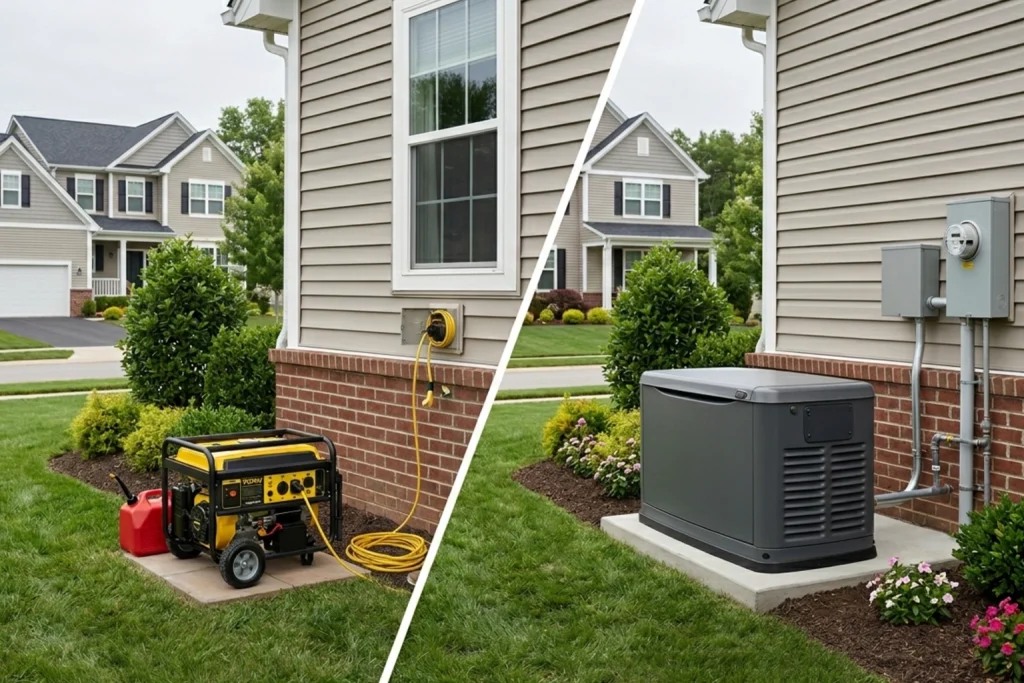 Diagonal split-screen comparison of a portable generator and a whole-home standby generator.