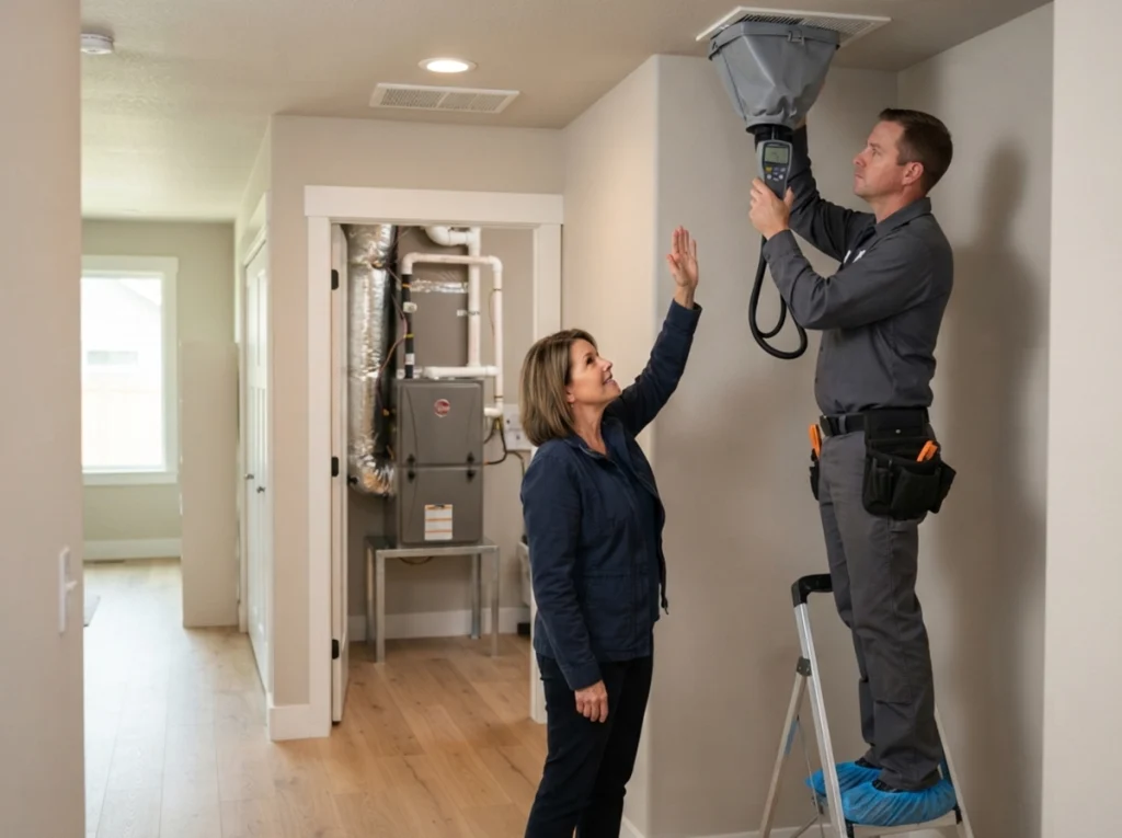 Yakima homeowner and HVAC technician testing airflow after AC installation