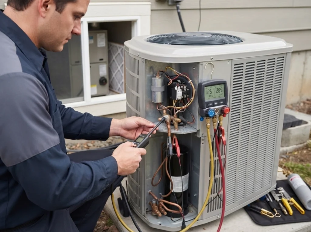 HVAC technician locating a refrigerant leak in a Yakima air conditioner