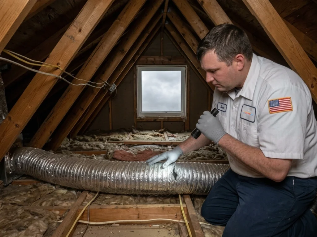 An HVAC technician examining torn ductwork in the attic.