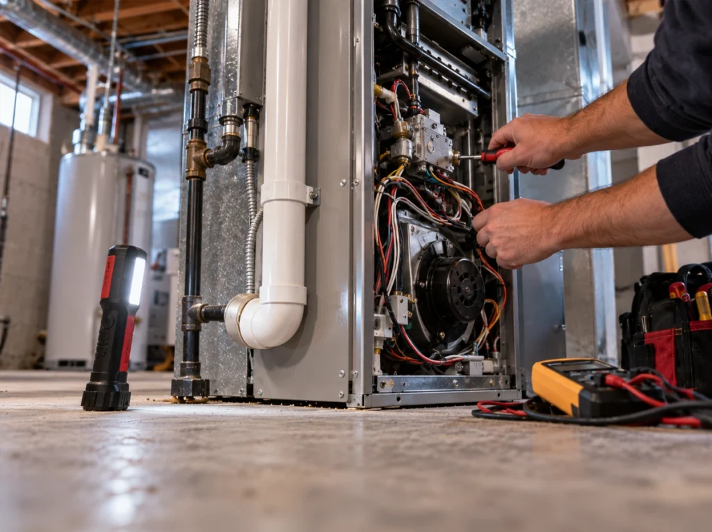 HVAC technician inspecting a furnace before heating season